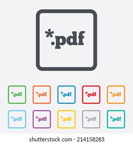 PDF file document icon. Download pdf button. PDF file extension symbol. Round squares buttons with frame. Vector