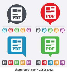 PDF file document icon. Download pdf button. PDF file symbol. Speech bubbles information icons. 24 colored buttons. Vector