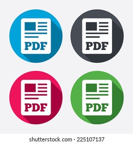 PDF file document icon. Download pdf button. PDF file symbol. Circle buttons with long shadow. 4 icons set. Vector