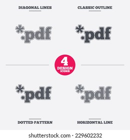 PDF file document icon. Download pdf button. PDF file extension symbol. Diagonal and horizontal lines, classic outline, dotted texture. Pattern design icons.  Vector