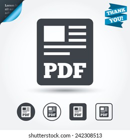 PDF file document icon. Download pdf button. PDF file symbol. Circle and square buttons. Flat design set. Thank you ribbon. Vector