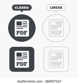 PDF file document icon. Download pdf button. PDF file symbol. Classic and line web buttons. Circles and squares. Vector