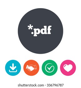 PDF file document icon. Download pdf button. PDF file extension symbol. Download arrow, handshake, tick and heart. Flat circle buttons.