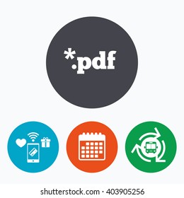 PDF file document icon. Download pdf button. PDF file extension symbol. Mobile payments, calendar and wifi icons. Bus shuttle.