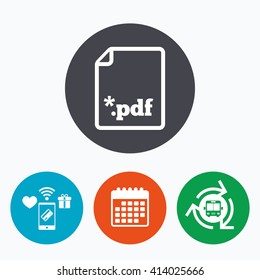 PDF file document icon. Download pdf button. PDF file extension symbol. Mobile payments, calendar and wifi icons. Bus shuttle.