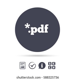 PDF file document icon. Download pdf button. PDF file extension symbol. Report document, information and check tick icons. Currency exchange. Vector