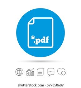 PDF file document icon. Download pdf button. PDF file extension symbol. Copy files, chat speech bubble and chart web icons. Vector
