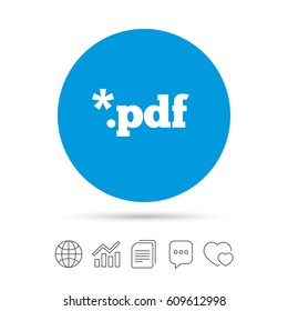 PDF file document icon. Download pdf button. PDF file extension symbol. Copy files, chat speech bubble and chart web icons. Vector