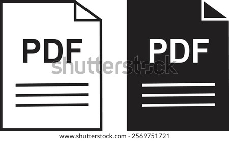 PDF file document icon set. PDF file type symbol. File PDF format icon in black filled and outlined style isolated on transparent background. Ideal for technology or data related content.