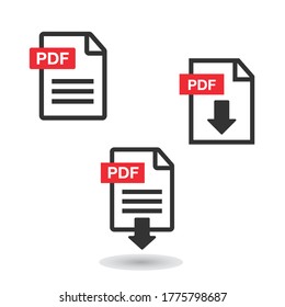 icono de descarga de archivo PDF. Texto del documento, información de formato web de símbolos. Conjunto de iconos del documento