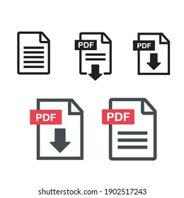 icono de descarga de archivo PDF. Texto del documento, web de símbolos. Conjunto de iconos del documento