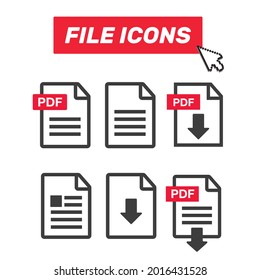 icono de descarga de archivo PDF. Texto del documento, información de formato web de símbolos