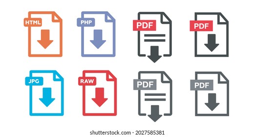 icono de descarga de archivo PDF. Texto del documento, información de formato web de símbolos. Conjunto de iconos del documento