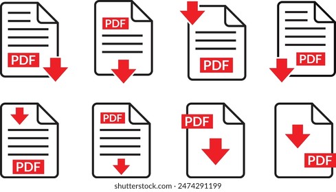 pdf file download symbols set, pdf document text, web format information, pdf file download icon set vector illustration.