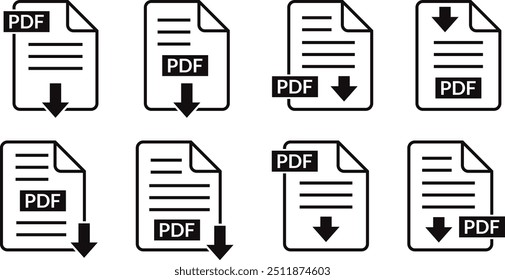 arquivo pdf símbolo de download conjunto, texto do documento pdf, informações de formato da web, arquivo pdf ícone preto definir ilustração vetorial.