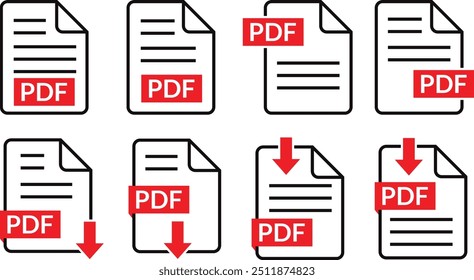 arquivo pdf download símbolos conjunto, pdf documento texto, web formato informação vetor ilustração.