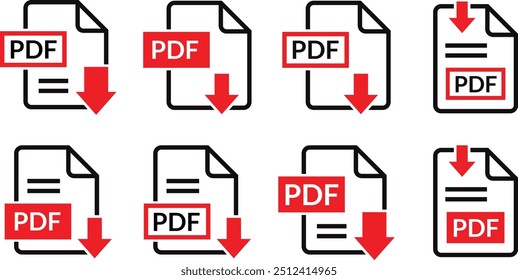 arquivo pdf símbolo de download conjunto, texto do documento pdf, informações de formato da web, imagens, imagens vetoriais, ícone de download de arquivo pdf conjunto ilustração vetorial.