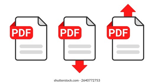 PDF File Download and Upload Icon Set with Red Arrow Symbol on Transparent Background for Document Transfer, Data Exchange and File Sharing Vector Illustration