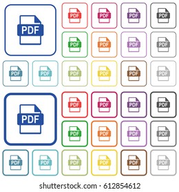 PDF file format color flat icons in rounded square frames. Thin and thick versions included.