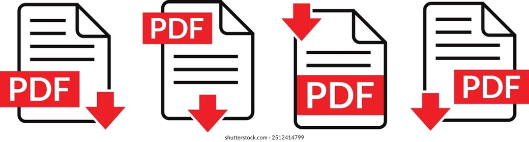 Símbolos de Descarga de formato de archivo PDF, texto de documento PDF, información de formato de Web, Imágenes vectoriales, Ilustración vectorial de conjunto de iconos de archivo PDF.