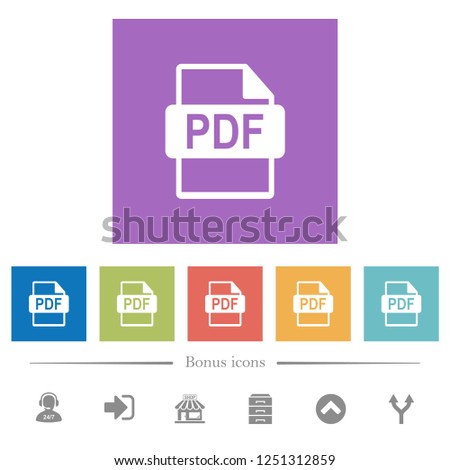 PDF file format flat white icons in square backgrounds. 6 bonus icons included.