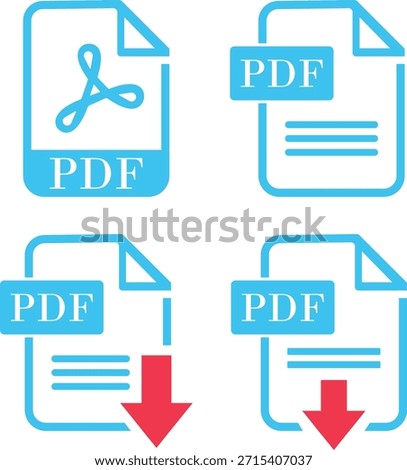 PDF File Format icon set. PDF file download symbols. Format for texts, images, vector images, interactive forms. Type document, symbol web format information, file format symbol. Vector illustration.