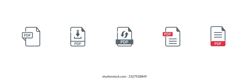 PDF file format icons set. Document text, PDF File Download icon outline sign.Different style icons set.Vector illustration.