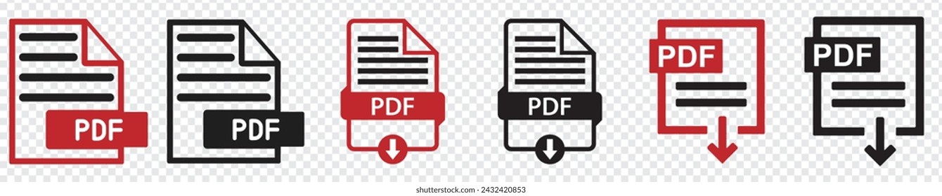 PDF file format icons set. PDF file download symbols. Format for texts, images, vector images, videos, interactive forms - stock vector.