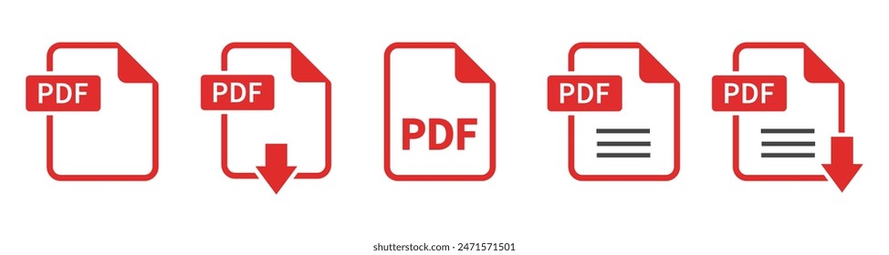 PDF file format icons set. PDF file download symbols. Format for texts, images, vector images, videos, interactive forms - stock vector.