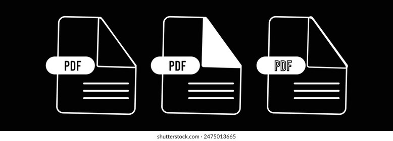 PDF file format icons set. PDF file download symbols. Format for texts, images, vector images, videos, interactive forms - stock vector.