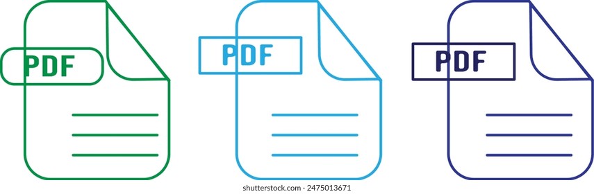 PDF file format icons set. PDF file download symbols. Format for texts, images, vector images, videos, interactive forms - stock vector.