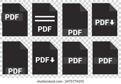 PDF file format icons set. PDF file download symbols. Format for texts, images, vector images, videos, interactive forms - stock vector.