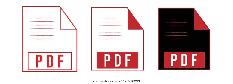 PDF file format icons set. PDF file download symbols. Format for texts, images, vector images, videos. PDF icon. Eps 10.