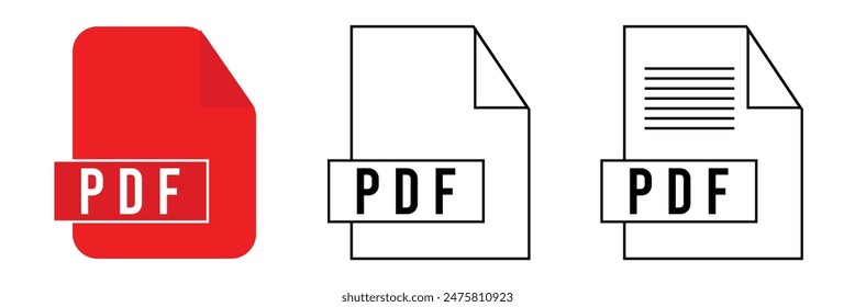 PDF file format icons set. Document text, PDF File Download icon outline sign. Different style icons set. Vector illustration. PDF icon set. Eps 10.