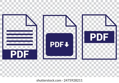 PDF file format icons set. PDF file download symbols. Format for texts, images, vector images, videos, interactive forms - stock vector.