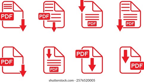 PDF file format icons set. pdf document text, web format information, images, vector images, videos, interactive forms. PDF file download symbols.