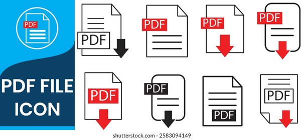 PDF file format icons set. PDF file download symbols. Format for texts, images, vector images, videos, interactive forms . Vector illustration.