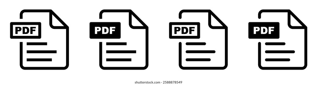 PDF file format icons set.PDF file download symbols.File format for texts, images, vector images, videos, interactive forms.