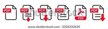 PDF file format icons set. PDF file download symbols. Format for texts, images, vector images, videos, interactive forms - stock vector.