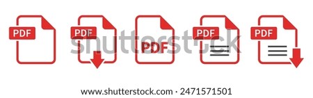 PDF file format icons set. PDF file download symbols. Format for texts, images, vector images, videos, interactive forms - stock vector.