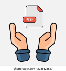 PDF file held by hands. Vector illustration in a flat minimalistic style. PDF files sharing