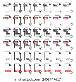 pdf file icon set. export report document in pdf format vector symbol. save pdf button sign in black and red color.