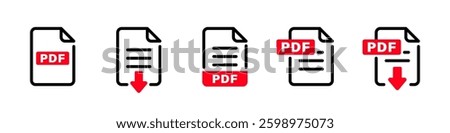 PDF file icons. PDF download document. Electronic documents file formats. PDF file format. Electronic documents vector icons