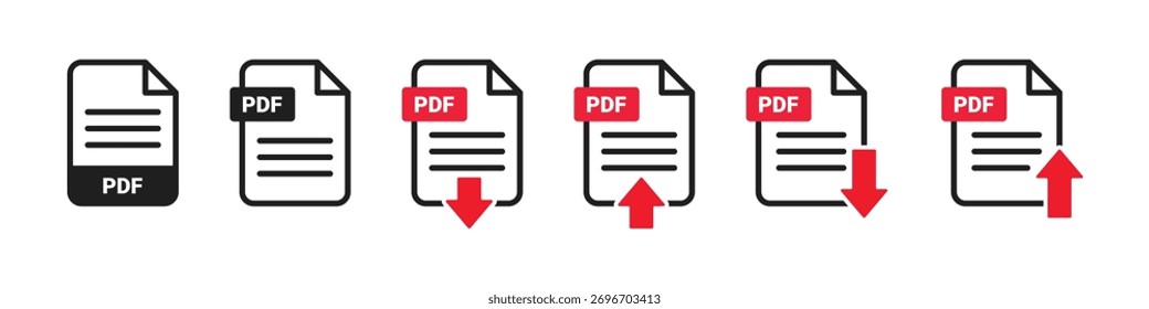 PDF file icons with download and upload arrows, representing document management, transfer, and sharing of PDF files