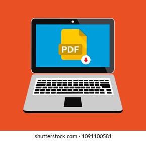 PDF file on laptop screen flat vector illustration design. View, read, download PDF file on laptop and mobile devices. Icon design for web banners and apps