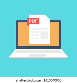 PDF file on laptop screen. Downloading document concept. File with PDF label. Vector stock illustration.