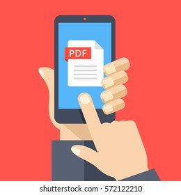 PDF file on smartphone screen. Hand holds smartphone, finger touches screen. Read, download, view PDF on phone, mobile device. Modern graphic for web banners, website. Flat design vector illustration.