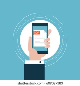 PDF file on smartphone screen flat vector illustration design. View, read, download PDF file on phone and mobile devices. Icon design for web banners and apps