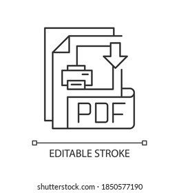 PDF file pixel perfect linear icon. Portable document format. File extension. Graphics. Thin line customizable illustration. Contour symbol. Vector isolated outline drawing. Editable stroke