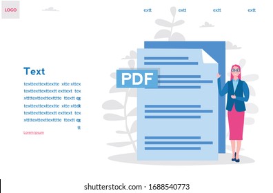 PDF file and woman 10 eps. File for computer. Vector illustration for web banner, infographics, mobile. file for phone. file to download